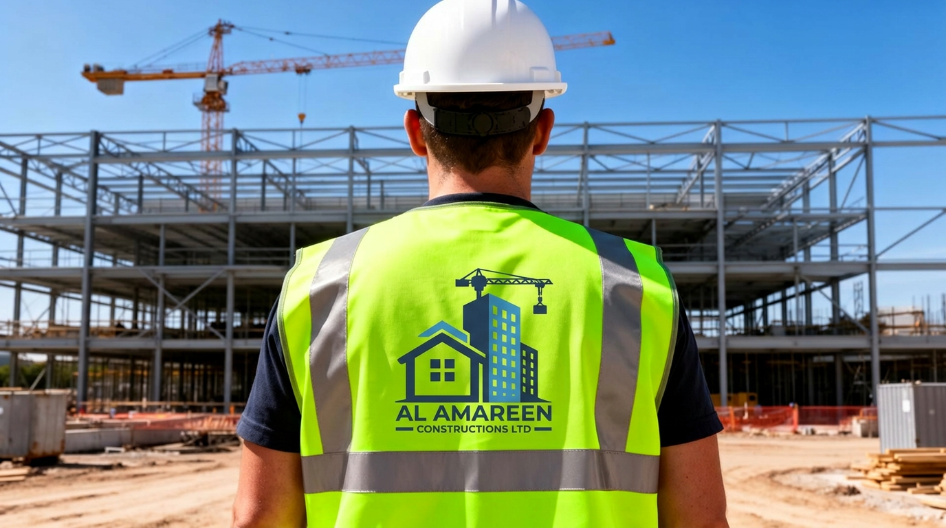 Al Amareen Constructions worker in a hard hat and green hi-vis vest with the company logo, facing a steel-frame building site